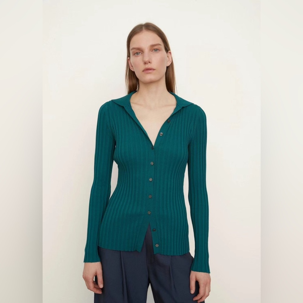 NWT Vince Dark Jade Rib Knit Long Sleeve Button Up Cardigan